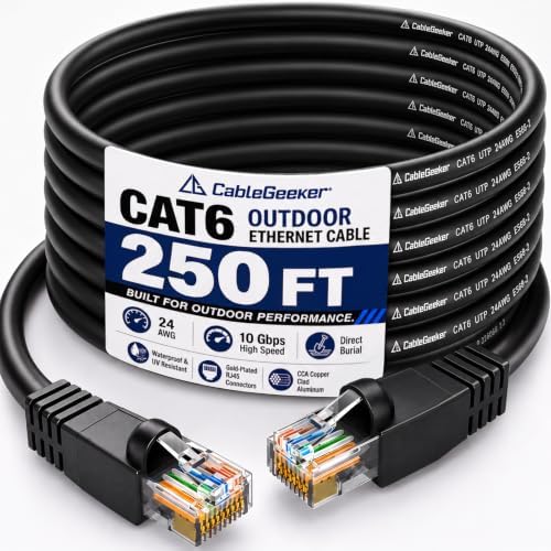 CableGeeker Cat 6 Outdoor Ethernet Cable, 250 ft, Direct Burial, Black by CableGeeker