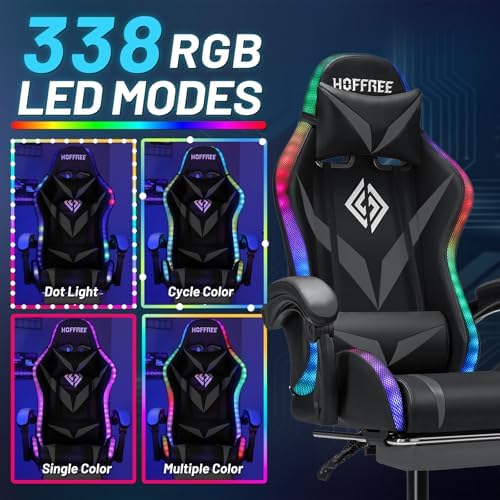 LED Gaming Chair with Speakers RGB Lights Massage Computer Chairs-Grey | Bluetooth Game Chairs for Adults;Ergonomic High Back Video Game Chair; Reclining Gamer Chair with Footrest Lumbar Support - Image 5