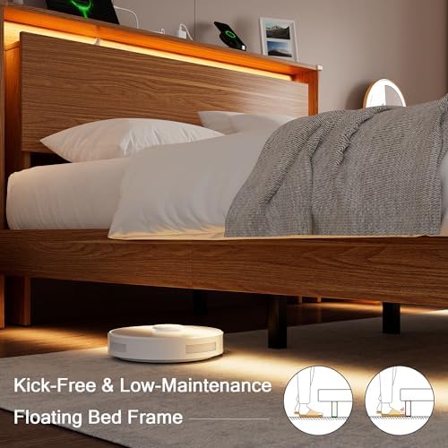 Full Size Bed Frame with LED Lights & Charging Station – Kids Wood Floating Bed Frame with Storage Headboard, Adhesive Slats, Kick-Free & Noise-Free Design, Easy Assembly, Walnut - Image 6