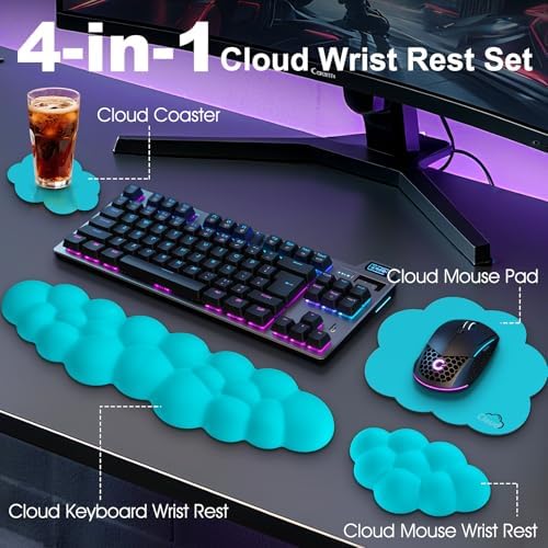 Cloud Wrist Rest Keyboard Cushion and Cloud Mouse Pad, Scuba Blue | 4-in-1 Ergonomic Cloud Keyboard Wrist Rest Set, Memory Foam, Arm Support for Palm, Cute Desk Accessory for PC Gaming Setup - Image 2