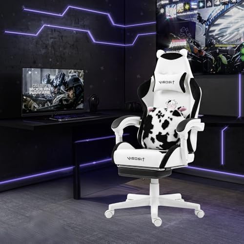 Vigosit Cute Gaming Chair with Footrest - Ergonomic Computer Chair Cow Print Design, High Back PU Leather Office Chairs with Lumbar Support for Adults - Image 5
