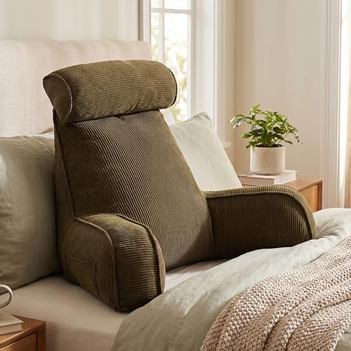 Bed Rest Reading Pillow with Arms & Detachable Headrest, Corduroy Backrest Cushion with Side Pockets & Washable Cover, Support Pillow for Sitting Up in Bed & Sofa Relaxing, Martini Olive - Image 2