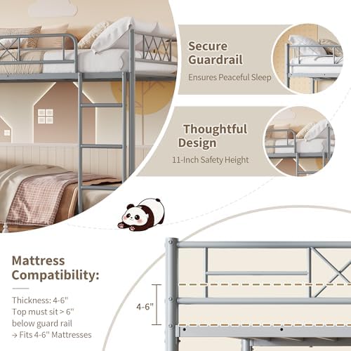 Garvee Bunk Bed Twin Over Twin with Extra High Guardrail, Heavy Duty Metal Frame & Sturdy Slats, No Box Spring Needed, Space Saver, Gray - Image 3