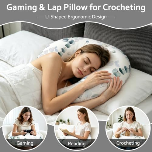 Ergonomic U-Shaped Gaming & Lap Pillow for Crocheting - Cute Green Branches Crochet Pillow with Elbow & Arm Support, Lap Desk Pillows for Reading, Playing or Crocheting, Suitable for Adults - White - Image 5