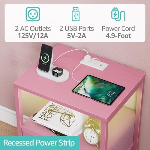 BOLUO Pink Nightstand with Charging Station, LED Night Stand with 2 Fabric Drawers, Bedside Table with USB Ports and Outlets, Nightstand for Bedroom Modern - Image 5