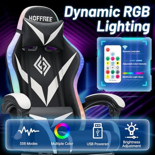 LED Gaming Chair with Speakers RGB Lights Massage Computer Chairs-White | Bluetooth Game Chairs for Adults;Ergonomic High Back Video Game Chair; Reclining Gamer Chair with Footrest Lumbar Support - Image 5