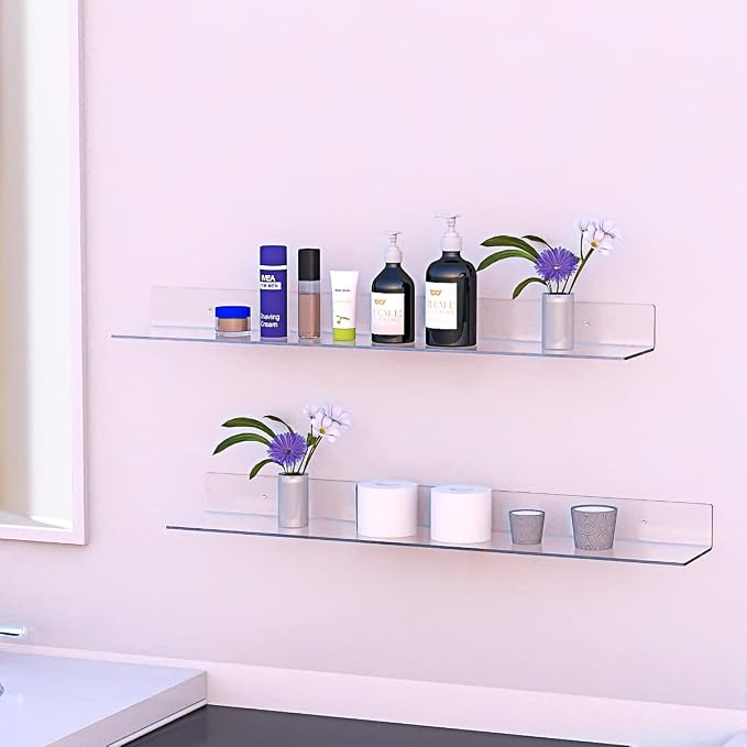 Sezanrpt 36 Inches Acrylic Wall Shelves 2 Pack, Floating Shelf for Wall Mounting, Acrylic Display Ledges for Funko Pop Figures, Home Décor, Living Room, Gaming Room, Plants(36 inch, Clear) - Image 2