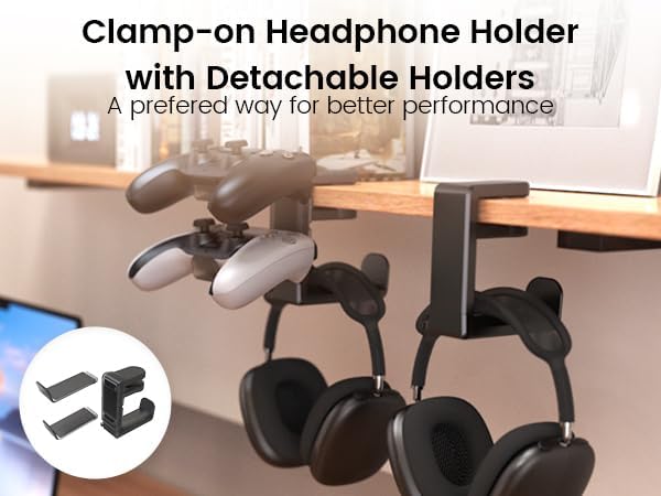 EURPMASK 3-in-1 Rotating Headphone Stand w/2 Detachable Controller Holders | Adjustable Clamp-on Headset Holder Hanger,Swivel,Gaming Headset Hanger,Cable Organizer,Father's Day Birthday Christmas Gift - Image 2