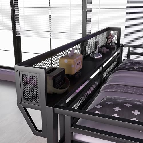 KEIKI Full Size Metal Loft Bed Frame with Desk, Staircase, Built-in Storage Shelves and Wardrobe, Modern Loft Bed with Solid Slats, Guardrail, No Box Spring Required, Easy Assembly, for Bedroom, Black - Image 6