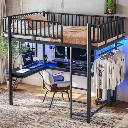 KEIKI Full Size Metal Loft Bed Frame with L-Shaped Desk, Black - Image 3