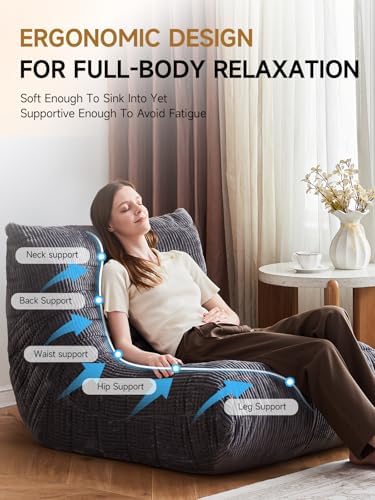 ZCUBED Large Bean Bag Chairs for Adults, Memory Foam Lounge Chair, Soft Corduroy Big Bean Bag Chair Lazy Sofa, Comfy Floor Beanbag Chair Single Sofa for Bedroom Living Room Fireside Book Nook, Grey - Image 3