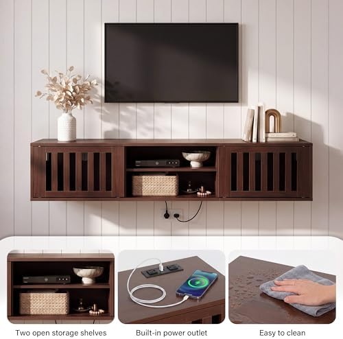 59" Floating TV Stand Wall Mounted with Power Outlet, Walnut - Image 5