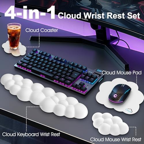 Cloud Wrist Rest Keyboard Cushion and Cloud Mouse Pad, White | 4-in-1 Ergonomic Cloud Keyboard Wrist Rest Set, Memory Foam, Arm Support for Palm, Cute Desk Accessory for PC Gaming Setup - Image 2