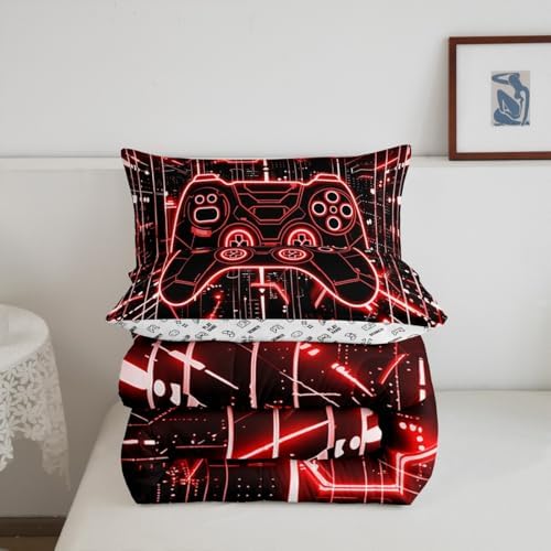 Feelyou Kids Red Gamer Comforter Set Full Size, Honeycomb Gaming Comforter Boys Girls Modern Game Console Bedding Set Gamepad Teens Duvet Set Bedroom Decor Microfiber Bed Set - Image 6