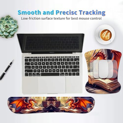Ergonomic Mouse Pad with Wrist Support Gel Mouse Pads and Upgrade Keyboard Wrist Rest Pad Set, Coasters Non-Slip PU Base Mouse Mat for Office Gaming Computer Laptop Home, Red Dragon Books - Image 6