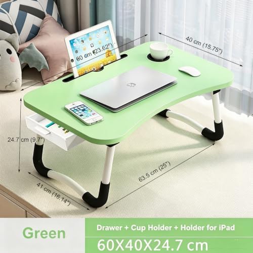 Lap Laptop Desk with Storage Drawer, Holders for Cup and Tablet, Laptop Bed Tray Table with Foldable Legs, Laptop Bed Stand, Portable Standing Table for Sofa Couch Floor (23.6", Green) - Image 3