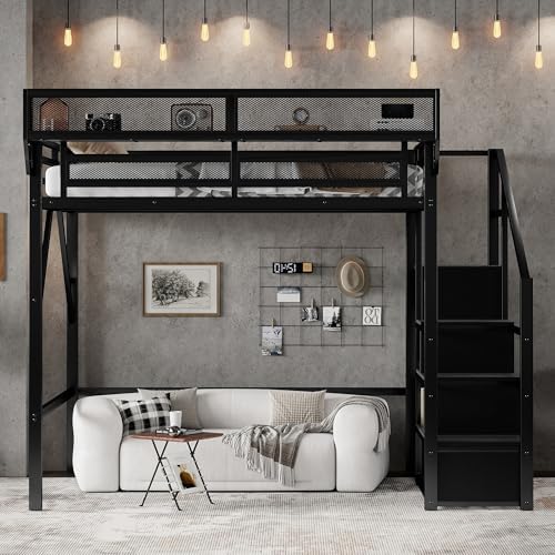 KEIKI Full Size Metal Loft Bed Frame with Convertible Staircase, Built-in Storage Shelves and Wardrobe, Loft Bed with Solid Slats, Guardrail, No Box Spring Required, Easy Assembly, for Bedroom, Black - Image 4