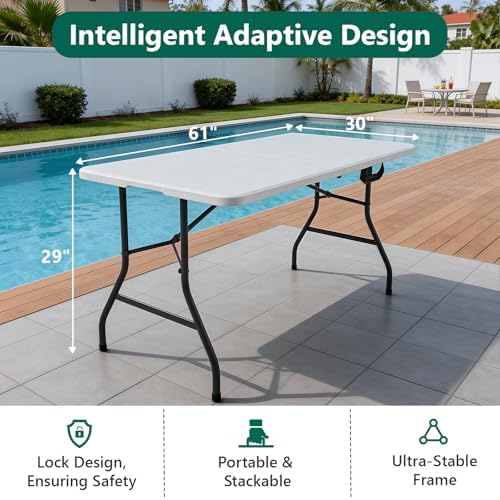 Folding Table 5FT Heavy Duty Plastic Table with Handle, Foldable&Portable, Fold-in-Half Utility Tables for Outdoor, Dining, Wedding, Events, Indoor, Picnic, Camping, Party,White - Image 3
