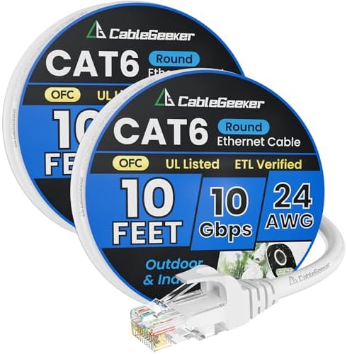 CableGeeker Cat 6 Ethernet Cable 10ft 2Pack, 10Gbps, White by CableGeeker