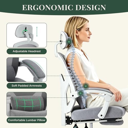 Ergonomic Office Chair with Footrest, Computer Gaming Chair | Adjustable Headrest, Lumbar Support, Swivel Reclining, Padded Armrest, Mesh High Back, Home Desk Work Study, Grey - Image 4