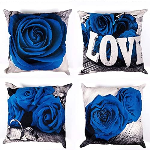 Royal Blue Throw Pillow Cover 18x18 Set of 4 Blue Rose Flower Couch Pillow Cover Rustic Accent Floral Decorative Square Cotton Linen Cushion Cover Home Living Room Outdoor Patio Furniture Decorations - Image 5