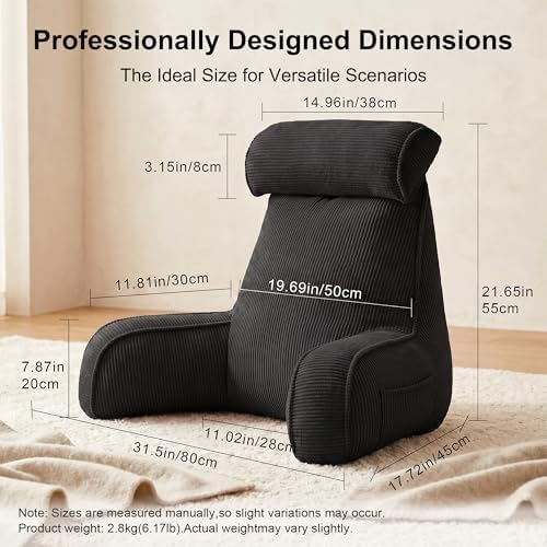 Corduroy Reading Pillow for Sitting Up in Bed, Bed Rest Backrest Pillow with Arms, Low Back Support Cushion with Side Pockets & Washable Cover, Back Support for Sofa Couch Relax, Lamp Black - Image 4