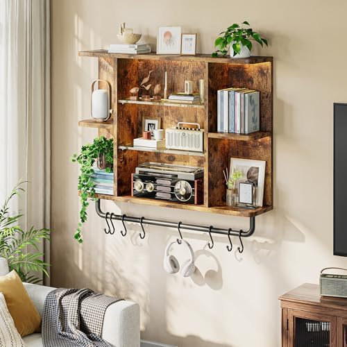 REIBII Floating Shelves with LED Lights, 7-Tier Wood Shelf, Wall Mounted Display Shelves with 8 S-Hooks, Wall Shelf for Kitchen, Bedroom, Bathroom, Office, Plants, Rustic Brown - Image 4