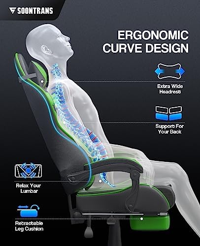 Soontrans Green Gaming Chair with Footrest,Racing Gaming Chair,Computer Gamer Chair,Ergonomic Game Chair with Adjustable Headrest and Lumbar Support(Jungle Green) - Image 4