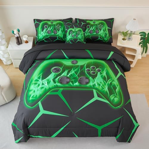 Gamer Bedding Set Full Black Green Game Console Comforter Set by ZSYAYAHA