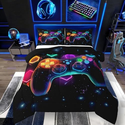 Erosebridal Game Consoles Full Size Bedding Set - Gamer Gifts, Gaming Comforter Sets for Kids, Space Glow Geometric Pattern, Boys & Girls, Red, Green, Blue, Teal - Gaming Room Decor by Erosebridal