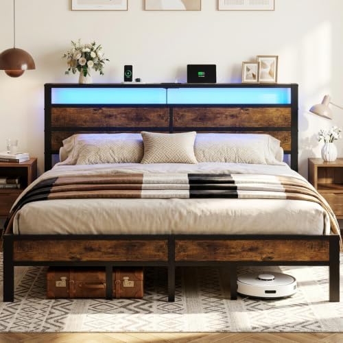 King Size Bed Frame with LED Lights and Charging Station by Unknown