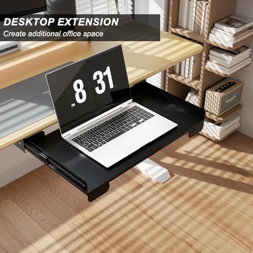 20 Inch Under Desk Mounted Sliding Loptop Drawer, Desktop Extension Pull-Out Laptop Tray for Office Desk, Extra Storage Organizer for Sit Stand Workstation - Image 3