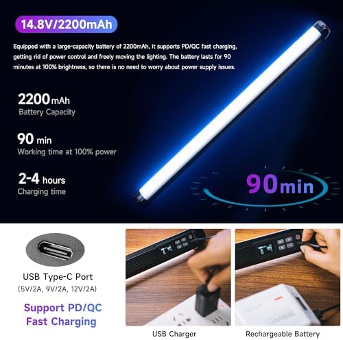 VILTROX K60 2 Pack Large Handheld Stick Light, 32Wh Rechargeable Battery 20W 1950lm RGB LED Video Light w PD Fast Charging CRI 97+ 2500K-8500K LCD Display, 22.8" Tube Light for Photography Light Wand - Image 5