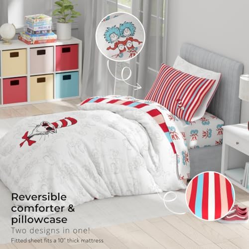 Dr. Seuss Cat in The Hat Kids Bedding, 5 Piece Twin Bed Set, Soft Cozy Reversible Comforter and Sheet Set with Sham, Officially Licensed Product By Franco - Image 6