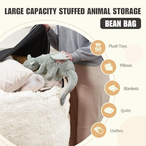 Bean Bag Cover (No Filler) - Faux Fur Beanbag Chairs Covers Only, Stuffed Animal Storage Bean Bag for Adults, Oversized Washable Beanbag Cover Without Filling, 6FT, White - Image 3
