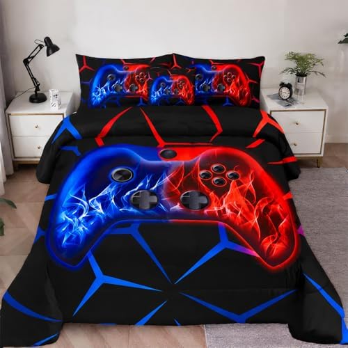 ZRNBAST 6-Piece Gamer Comforter Set Queen Size Red and Blue Gaming Bedding Sets for Boys with Sheets Soft Fluffy Game Console Design Bed in a Bag (Red Blue, Queen) by ZRNBAST