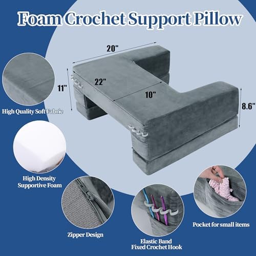 HOMBYS Adjustable Foam Crochet Pillow for Lap Support, Soft Velvet Reading & Gaming Pillow with Side Pocket and Elastic Band, Desk Pillow for Sofa, Bed & Floor, 2 Heights for Adjusting, (Grey) - Image 2
