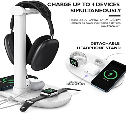 Headphone Stand with 15w Wireless Charger, Suguder 4 in 1 Charging Station Headset Holder for AirPods Max/Pro/4/3/2 iWatch 10/9/8/7/6/5/4/3/2/1/SE iPhone 17/16/15/14/13/12/11/X for Desktop Table Game - Image 3