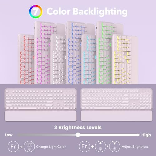 Wireless Keyboard and Mouse Combo, Backlit Round Keycaps, Retro Typewriter Keyboard with Magnetic Wrist Rest, USB-C Rechargeable & Tilt Legs, 2.4GHz Cordless for Mac Windows PC (Glowing Pastel Purple) - Image 2