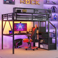 KEIKI Full Size Metal Loft Bed Frame with Desk, Staircase, Built-in Storage Shelves and Wardrobe, Modern Loft Bed with Solid Slats, Guardrail, No Box Spring Required, Easy Assembly, for Bedroom, Black by KEIKI