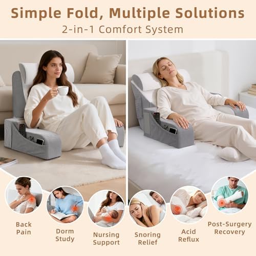 Foldable Reading Pillow for Sitting in Bed Adult, White/Grey, 19" - Image 2