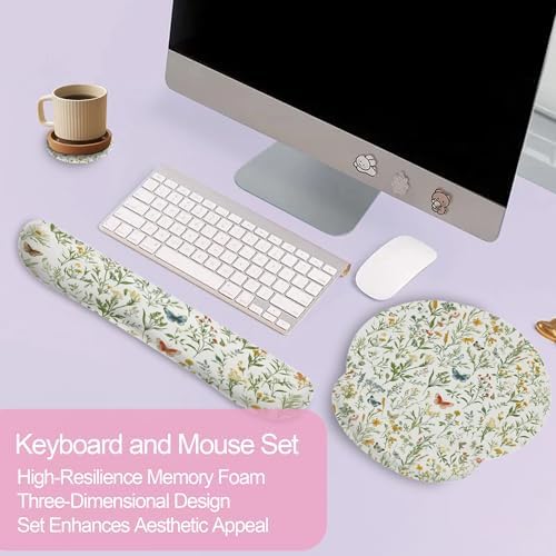 Wildflowers Butterfly Mouse Pad with Wrist Rest and Keyboard Wrist Rest Set, Vintage Garden Plants Herb Flower Non-Slip Rubber Base Memory Foam Mouse Pad Set for Women, Office Desk Accessories, Gaming - Image 3