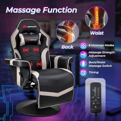 Goplus Pink Gaming Chair, Height Adjustable Massage Video Game Chair with Retractable Footrest, Cup Holder, Headrest, Swivel Office Chair, Racing Style Swivel Gamer Chair - Image 6