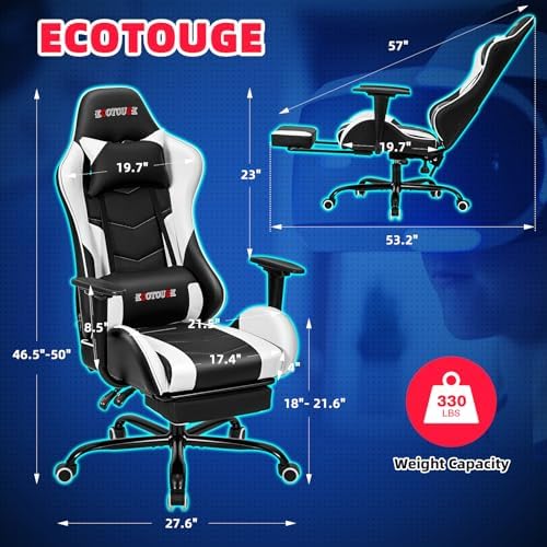 ECOTOUGE White Ergonomic PC Massage Gaming Chair with Footrest | Reclining Racing PU Leather, Swivel Rocker, Headrest, Lumbar Pillow, Office Desk Chair, Adjustable Height, Sturdy Base - Image 3