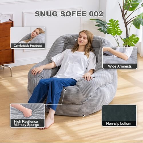 Giant Bean Bag Chair for Adults, Oversized Floor Lounge Chair with Armrests | Grey, soft corduroy and resilient foam for living rooms, bedrooms, reading nooks, gaming rooms, movie nights, and pets - Image 3