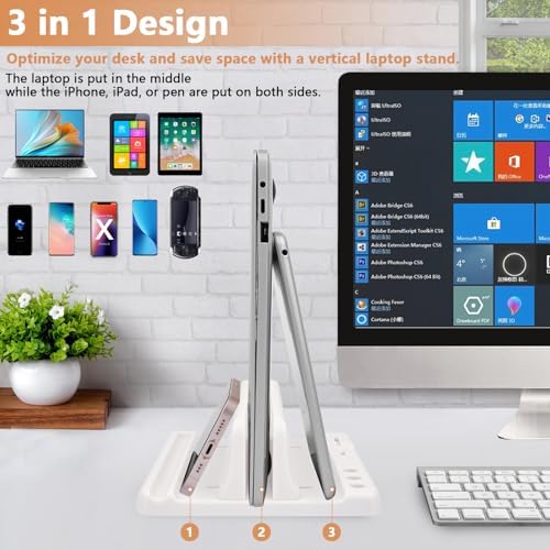 Vertical Laptop Stand Holder, ABS Organizer with Adjustable Dock, 3/4 in 1 Design Extra Storage Space-Saving, Sturdy Laptop Computer Holder for PC, MacBook, Mini PC, iPad (White, 1 Slot) - Image 3