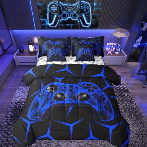 Feelyou Gamer Bedding Set Gamepad Comforter Set with Sheets 7 Piece for Boys Gaming Gifts Bed in a Bag King Game Controller Blue Bed Set with Comforter,Sheets,Cushion Covers by Feelyou