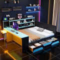 Merax Queen Size Gaming Daybed with Integrated Desk and Lights, Wooden Platform Bed Frame with 3 Storage Drawers and Built-in Charging Station, Multi-Functional Headboard Shelves, No Box Spring Needed by Merax