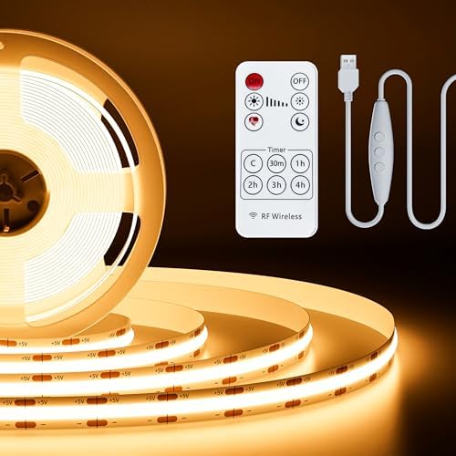 PAUTIX 5V USB COB LED Strip Light 6.56ft/2m 1200lm, Dimmable 640LEDs 2700K Warm White CRI90+ with RF Remote TV Backlight,Flexible Under Cabinet Tape Light for Bedroom,Kitchen,Home DIY Lighting by PAUTIX