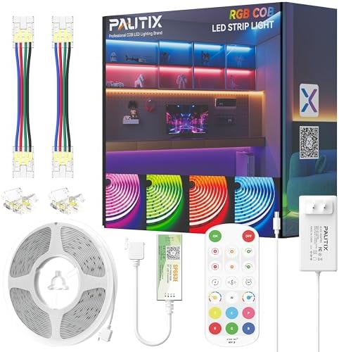PAUTIX S-COB RGB LED Strip Light,UL-Listed COB LED 24V,Color Changing Strip Lights 32.8ft/10m,Multicolor Flexible Tape Lights with Bluetooth Control for Bedroom,Kitchen,TV Backlight,Home DIY Lighting by PAUTIX